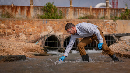 Scientist analysis professional wearing glasses and safety glove under working analysis water quality by get waste water to check water case in laboratory is environment pollution problem.