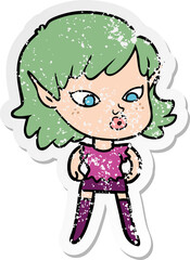 distressed sticker of a pretty cartoon elf girl