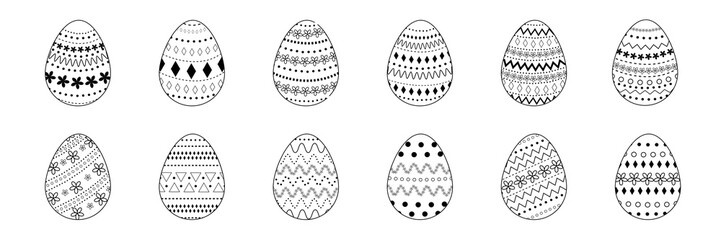Vector outline icons of decorated Easter eggs. PNG
