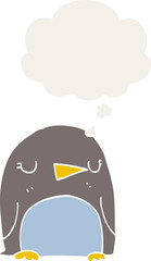 cartoon penguin and thought bubble in retro style