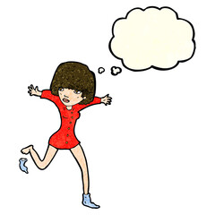 cartoon woman kicking off sock with thought bubble