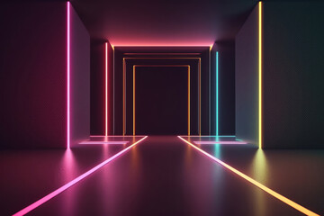 3D rendering of an abstract neon background with glowing pink and yellow lines. Empty room with floor reflections.