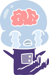 flat color style cartoon big brain alien crying
