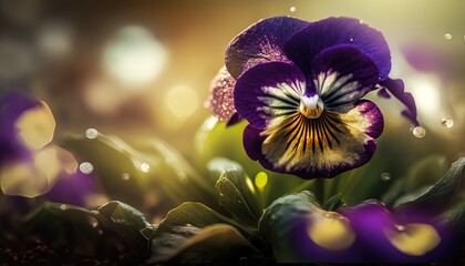 one pansy flower in morning sunlight, Generative Ai 