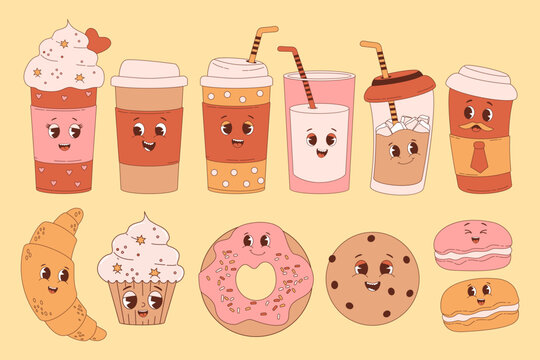 Retro characters sweets and coffe. Cute cartoon coffee in takeaway cup, croissant, cupcake, donut, chocolate chip cookies and macaron. Vector illustration. Big collection in nostalgic style.