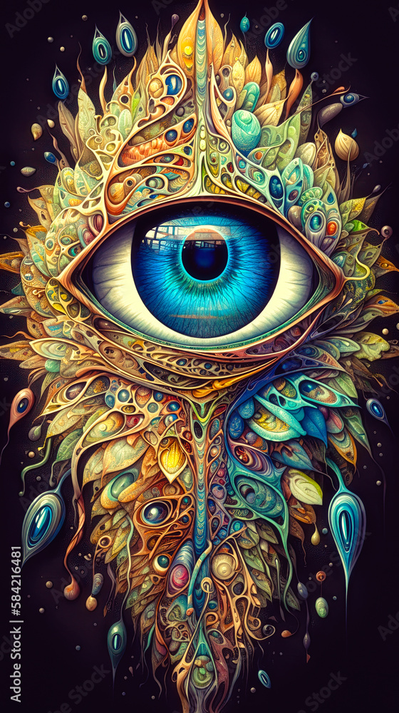 Poster giant eye, multicolored abstract design, surreal galactic entity created by ai generative technology