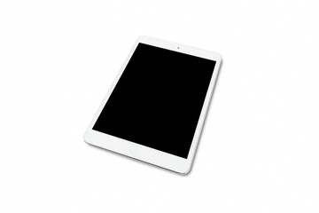 Concept for advertisement and brochure. A tablet with black screen isolated on white background.