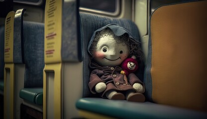 Fototapeta na wymiar a vintage girl doll on bus seat, lost toy seek way home, Generative Ai