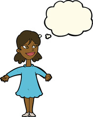 cartoon woman with open arms with thought bubble
