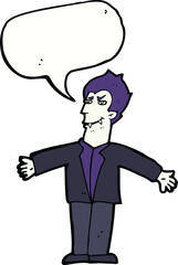 cartoon vampire man with open arms with speech bubble