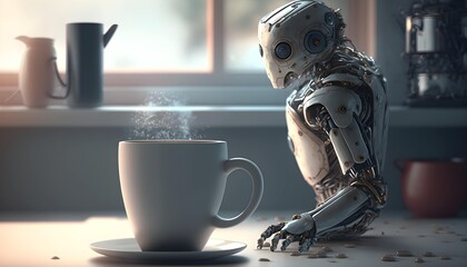 AI robot having a coffee break. Generative AI.