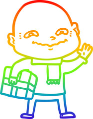 rainbow gradient line drawing cartoon nervous man with xmas present