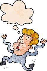 cartoon terrified man and thought bubble in grunge texture pattern style