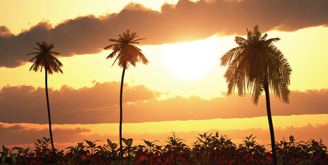Naklejka na ściany i meble Tropische Landschaft bei Sonnenuntergang