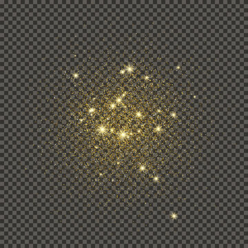 Gold glittering dust on transparent backdrop