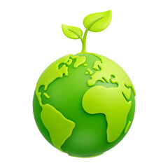Green cartoon planet Earth with sprout and leaves 3d vector icon on white background. Earth day, ecology, nature and environment conservation concept. Save green planet concept