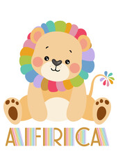 Cute lion sitting with Africa word.