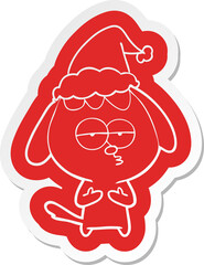 cartoon  sticker of a bored dog wearing santa hat