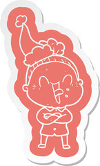 cartoon  sticker of a happy old woman wearing santa hat