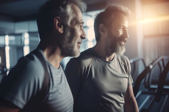 Two strong middle aged caucasian men training in gym, frends going to sport club together, joint training, AI generative