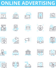 Online advertising vector line icons set. Online, Advertising, Digital, Ads, Marketing, Campaigns, Platforms illustration outline concept symbols and signs