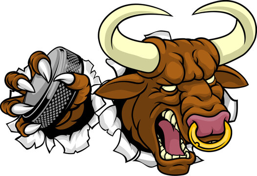 A bull or Minotaur monster longhorn cow angry mean ice hockey mascot cartoon character.