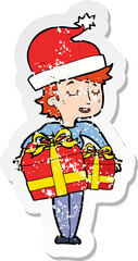 retro distressed sticker of a cartoon woman with gifts
