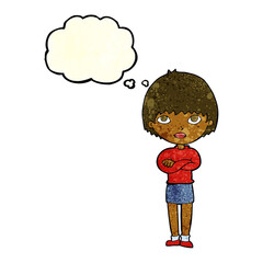 cartoon woman with crossed arms with thought bubble
