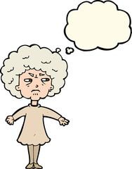 cartoon bitter old woman with thought bubble
