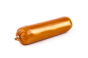 German Smoked cheese sausage, macro, isolated on white background.