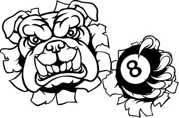 A bulldog dog angry mean pool billiards mascot cartoon character holding a black 8 ball.