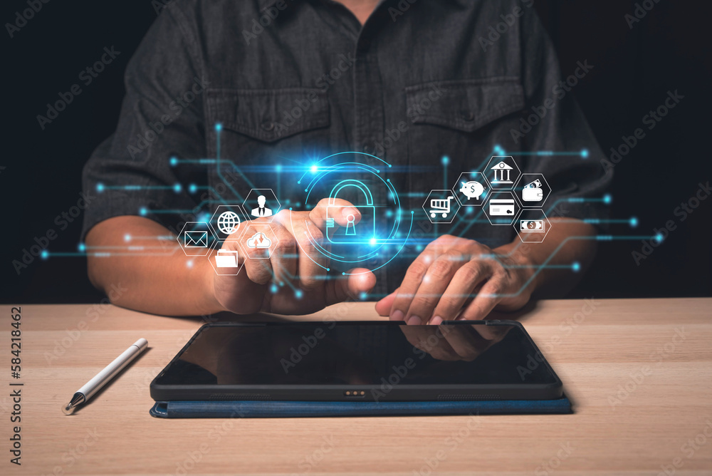 Poster businessman protecting personal data on tablet with virtual screen interfaces