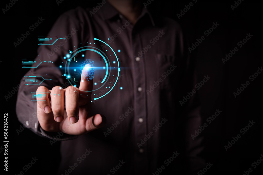 Poster hand point on futuristic digital processing of biometric identification fingerprint scanner. concept of surveillance and security scanning of digital programs cyber futuristic applications