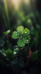 close up of green Four-Leaf Clover with morning dew, Generative Ai	
