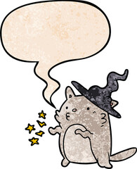 magical amazing cartoon cat wizard and speech bubble in retro texture style