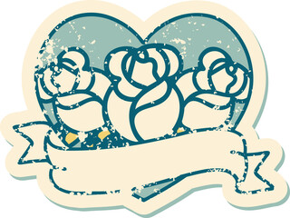 distressed sticker tattoo style icon of a heart and banner with flowers