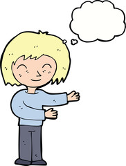 cartoon woman gestureing welcome with thought bubble