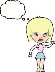 cartoonw woman waving with thought bubble