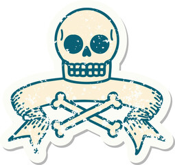 grunge sticker with banner of a skull and bones