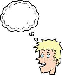 cartoon happy boy face with thought bubble