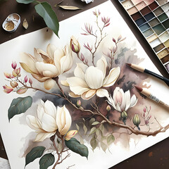 Watercolor Magnolia Blooms, Delicate Hues Showcasing the Sublime Beauty of Floral Art