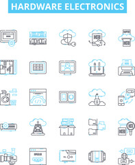 Fototapeta na wymiar hardware electronics vector line icons set. Hardware, Electronics, Components, Computers, Processors, Motherboards, GPUs illustration outline concept symbols and signs