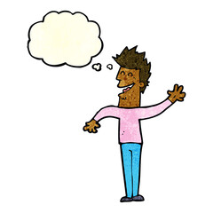cartoon happy man waving with thought bubble