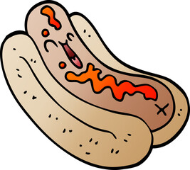 cartoon doodle hotdog in bun with ketchup
