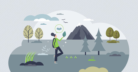 Digital detox and detoxification with walking in nature tiny person concept. Stop addictive scrolling and start go outside for freedom of cyberspace and gadgets vector illustration. Relax from online