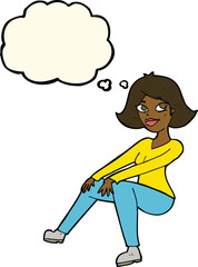 cartoon happy woman sitting with thought bubble
