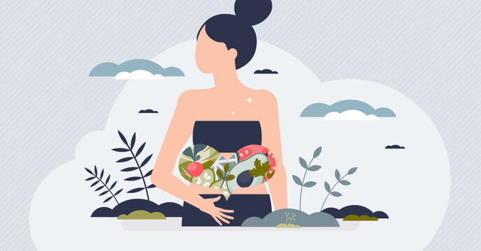 Gut health importance for stomach flora and digestion tiny person concept. Microorganism and bacteria balance in colon, bowel, belly or other gastrointestinal organs vector illustration. Eat healthy.