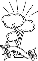 banner with black line work tattoo style tree