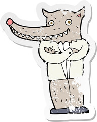 retro distressed sticker of a cartoon wolf man