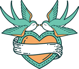 tattoo style icon of a swallows and a heart with banner